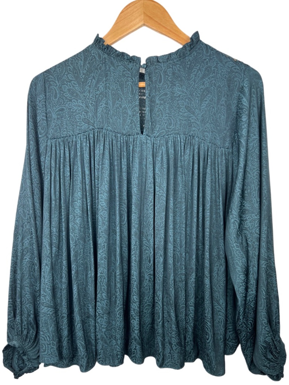 Gentle Fawn Size Medium Teal Paisley Boho Blouse Lace Yoke Flowy Shirt Top - Picture 2 of 7